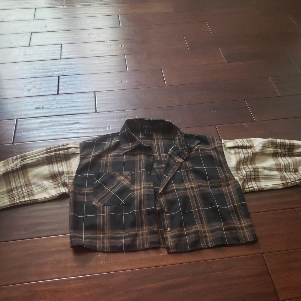 Black Brown & Tan Plaid  Balloon Sleeve Crop